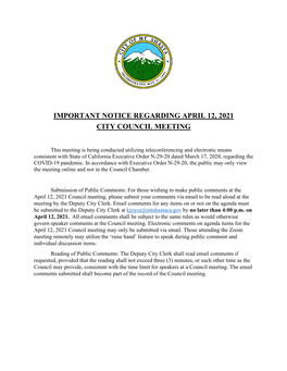 Important Notice Regarding April 12, 2021 City Council Meeting