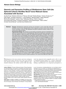 Genomic and Expression Profiling of Glioblastoma Stem Cell–Like Spheroid Cultures Identifies Novel Tumor-Relevant Genes Associ