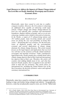 Legal Measures to Address the Impacts of Climate Change-Induced Sea Level Rise on Pacific Statehood, Sovereignty and Exclusive Economic Zones