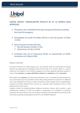 Press Release Unipol Group: Consolidated Results As At