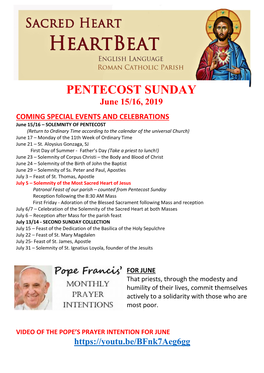PENTECOST SUNDAY June 15/16, 2019