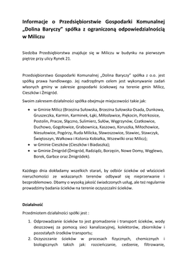 Informacje O Przedsiębiorstwie Gospodarki Komunalnej „Dolina Baryczy” Spółka Z Ograniczoną Odpowiedzialnością W Miliczu