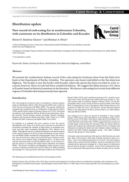 New Record of Crab-Eating Fox in Southwestern Colombia, with Comments on Its Distribution in Colombia and Ecuador