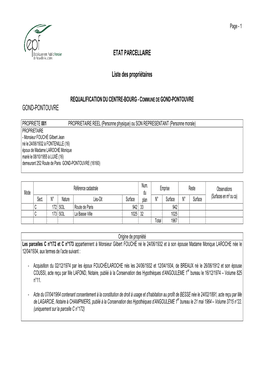 ETAT PARCELLAIRE Liste Des Propriétaires GOND-PONTOUVRE