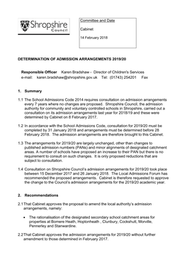 Committee and Date Cabinet DETERMINATION of ADMISSION