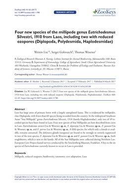 Four New Species of the Millipede Genus Eutrichodesmus Silvestri, 1910 from Laos, Including Two with Reduced Ozopores (Diplopoda, Polydesmida, Haplodesmidae)