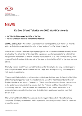 Kia Soul EV and Telluride Win 2020 World Car Awards