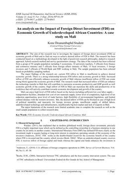 An Analysis on the Impact of Foreign Direct Investment (FDI) on Economic Growth of Underdeveloped African Countries: a Case Study on Mali