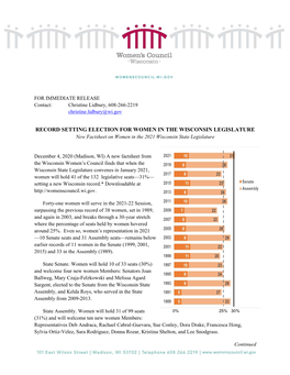 RECORD SETTING ELECTION for WOMEN in the WISCONSIN LEGISLATURE New Factsheet on Women in the 2021 Wisconsin State Legislature