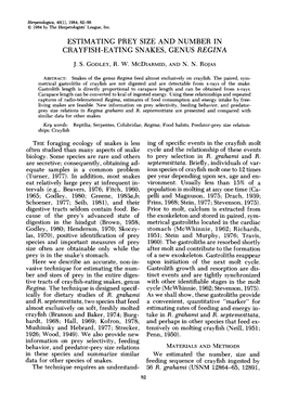 Estimating Prey Size and Number in Crayfish-Eating Snakes, Genus Regina