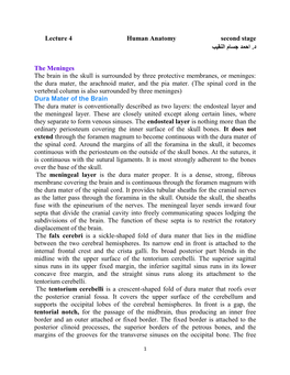 Lecture 4 Human Anatomy Second Stage احمد جسام النقيب د. the Meninges the Brain in the Skull Is Surro