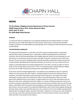 Deborah Daro, Ph.D., Senior Research Fellow DATE: April 19, 2019 RE: Hello Baby Ethical Review