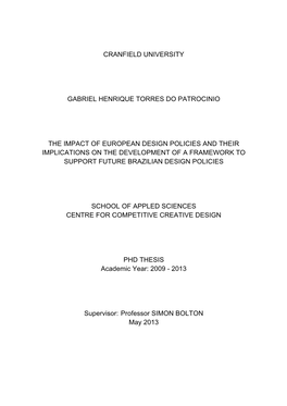 Cranfield University Gabriel Henrique Torres Do Patrocinio the Impact of European Design Policies and Their Implications On