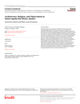 Architecture, Religion, and Tuberculosis in Sainte-Agathe-Des-Monts, Quebec Annmarie Adams and Mary Anne Poutanen