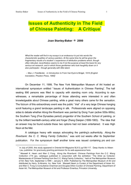 Issues of Authenticity in the Field of Chinese Painting: a Critique*