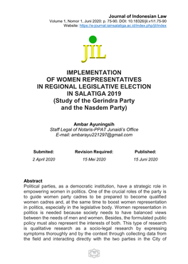 IMPLEMENTATION of WOMEN REPRESENTATIVES in REGIONAL LEGISLATIVE ELECTION in SALATIGA 2019 (Study of the Gerindra Party and the Nasdem Party)