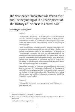 The Newspaper “Turkestanskie Vedomosti” and the Beginning of the Development of the History of the Press in Central Asia*