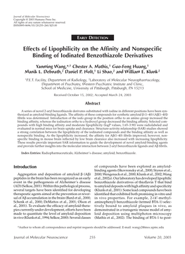 Effects of Lipophilicity on the Affinity and Nonspecific Binding of Iodinated Benzothiazole Derivatives