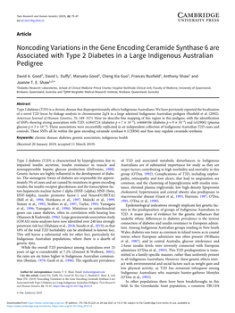 Noncoding Variations in the Gene Encoding Ceramide Synthase 6 Are Associated with Type 2 Diabetes in a Large Indigenous Australian Pedigree