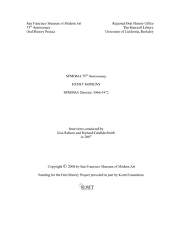 San Francisco Museum of Modern Art Regional Oral History Office 75Th Anniversary the Bancroft Library Oral History Project University of California, Berkeley