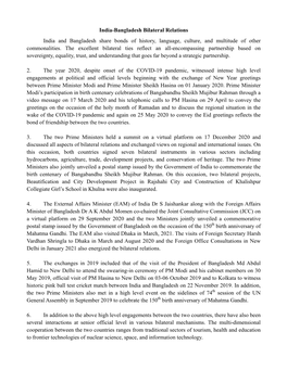 India-Bangladesh Bilateral Relations India and Bangladesh Share Bonds of History, Language, Culture, and Multitude of Other Commonalities