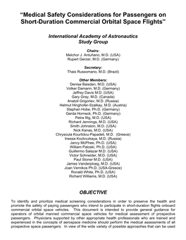 Medical Safety Considerations for Passengers on Short-Duration Commercial Orbital Space Flights”