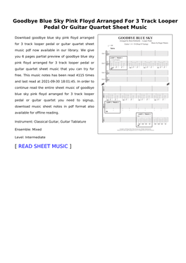 Goodbye Blue Sky Pink Floyd Arranged for 3 Track Looper Pedal Or Guitar Quartet Sheet Music