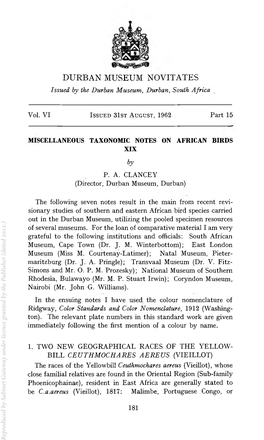 Miscellaneous Taxonomic Notes on African Birds Xix