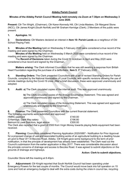 Aldeby Parish Council Minutes of the Aldeby Parish Council Meeting Held Remotely Via Zoom at 7.30Pm on Wednesday 3 June 2020