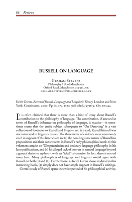 Russell on Language [Keith Green, Bertrand Russell, Language And