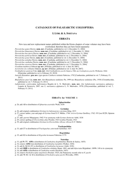 Catalogue of Palaearctic Coleoptera. Errata
