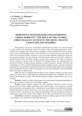 Disruptive Technologies Transforming Urban Mobility? the Role of the Ecobee Urban Maglev System in the Seoul Traffic Vision 2030, South Korea