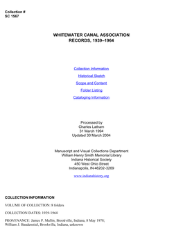 Whitewater Canal Association Records, 1939–1964