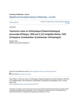 Taxonomic Notes on &lt;I&gt;Onthophagus&lt;/I&gt;