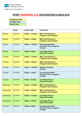 Staff 'Seasonal Flu' Vaccination Clinics 2016