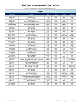 2015 Topps Heritage Baseball TEAM Checklist Angels