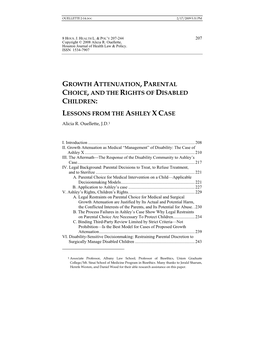 GROWTH ATTENUATION, PARENTAL CHOICE, and the RIGHTS of DISABLED CHILDREN: LESSONS from the ASHLEY X CASE Alicia R