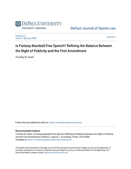 Is Fantasy Baseball Free Speech? Refining the Balance Between the Right of Publicity and the First Amendment
