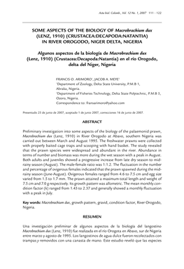 SOME ASPECTS of the BIOLOGY of Macrobrachium Dux (LENZ, 1910) (CRUSTACEA:DECAPODA:NATANTIA) in RIVER OROGODO, NIGER DELTA, NIGERIA