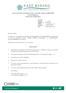 County Hall Beverley East Riding of Yorkshire HU17 9BA Telephone (01482) 393939 Caroline Lacey Chief Executive