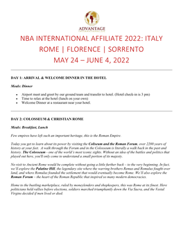 Nba International Affiliate 2022: Italy Rome | Florence | Sorrento May 24 – June 4, 2022