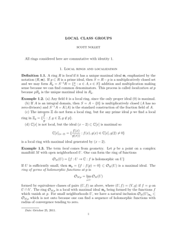 LOCAL CLASS GROUPS All Rings Considered Here Are Commutative