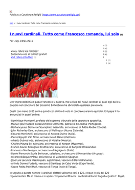 I Nuovi Cardinali. Tutto Come Francesco Comanda, Lui Solo