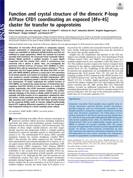 Function and Crystal Structure of the Dimeric P-Loop Atpase CFD1 Coordinating an Exposed [4Fe-4S] Cluster for Transfer to Apoproteins