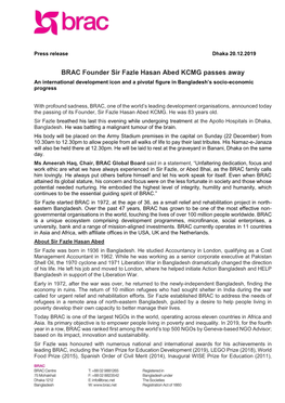 BRAC Founder Sir Fazle Hasan Abed KCMG Passes Away an International Development Icon and a Pivotal Figure in Bangladesh’S Socio-Economic Progress