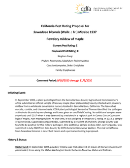 California Pest Rating Proposal for Sawadaea Bicornis (Wallr
