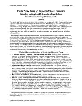 Kerton, University of Waterloo, Canada1 Abstract This Review Is a Vision Check on Consumer-Interest Policies As We Approach 2020