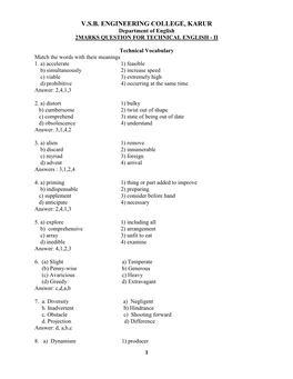 V.S.B. ENGINEERING COLLEGE, KARUR Department of English 2MARKS QUESTION for TECHNICAL ENGLISH - II