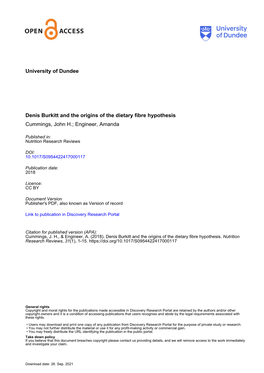Denis Burkitt and the Origins of the Dietary Fibre Hypothesis Cummings, John H.; Engineer, Amanda