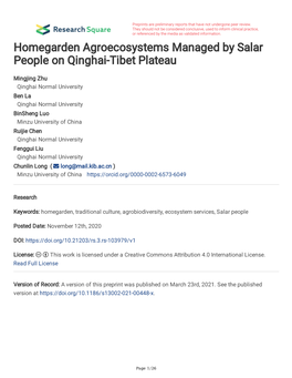 Homegarden Agroecosystems Managed by Salar People on Qinghai-Tibet Plateau